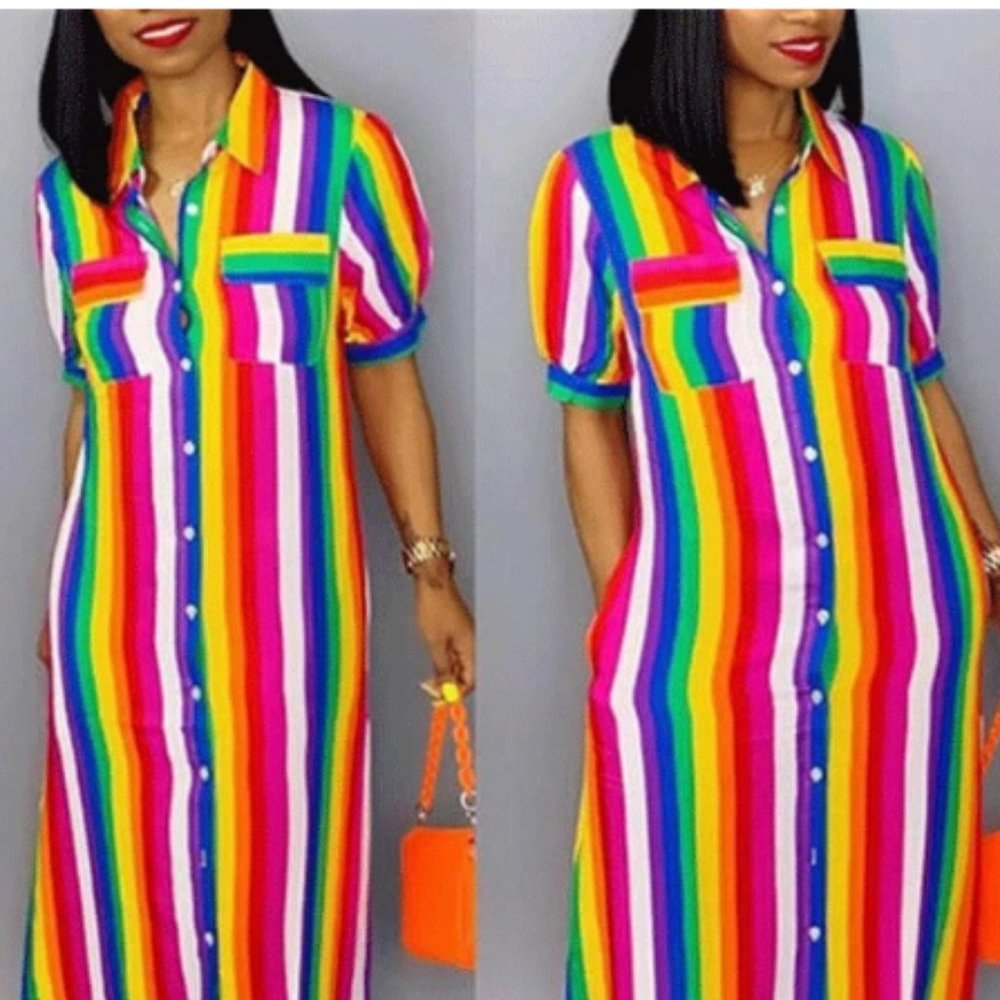 Rainbow Striped Down Shirt Dress